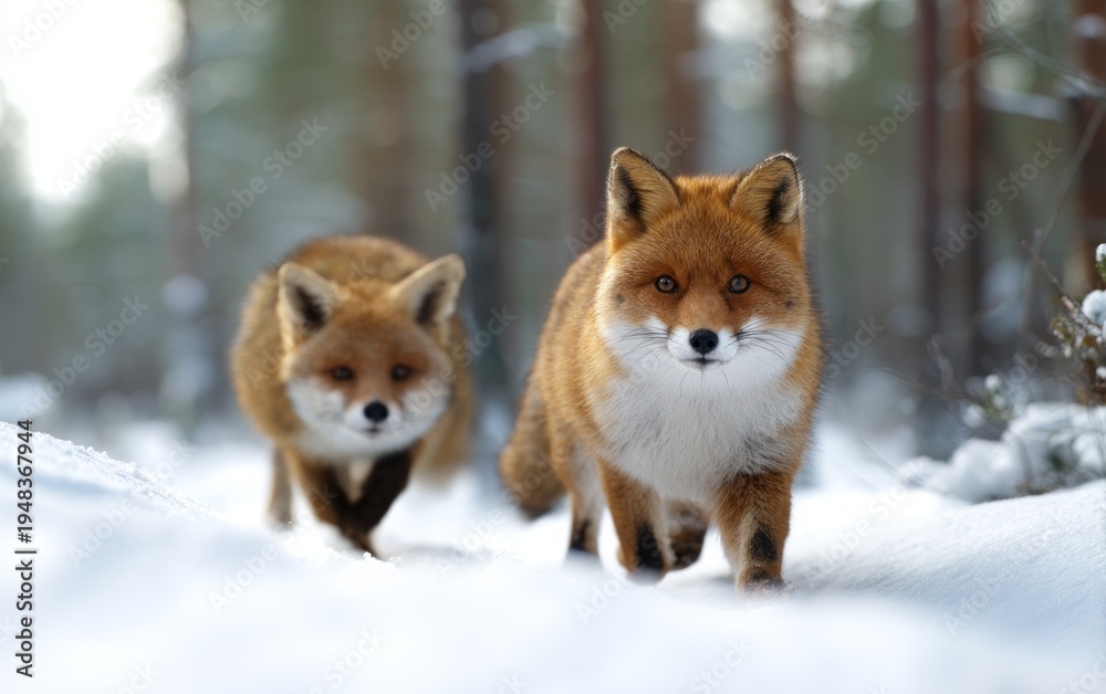 Fototapeta premium Red Foxes Competing in Motion Through a Snowy Forest in Winter Landscape