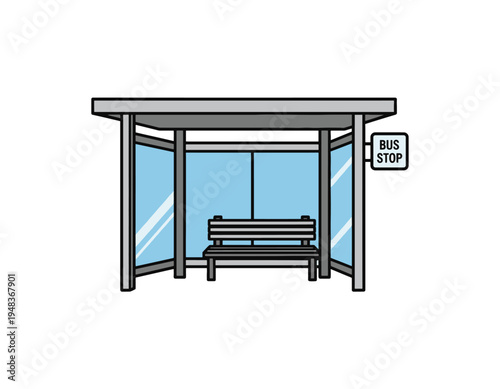 Illustration of a modern bus stop shelter with a bench and a 'Bus Stop' sign, depicting a common public transportation waiting area