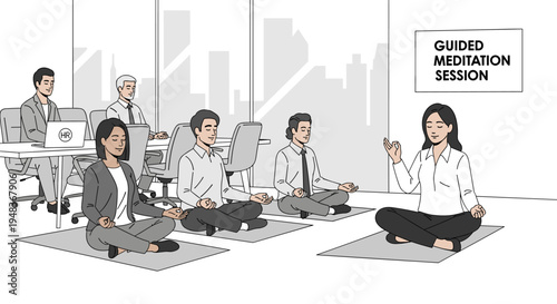 People sit on mats in an office during a guided meditation session.