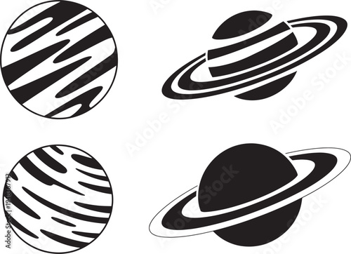 Set of cosmic planet icons including saturn and gas giants over transparent background vector graphic