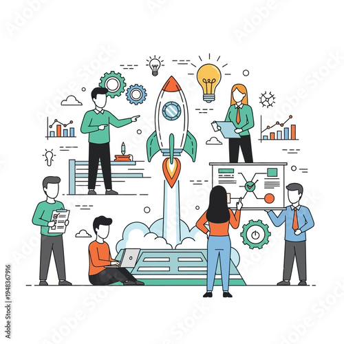 A diverse team of professionals collaborates on a new project, symbolized by a rocket launch, representing innovation and business growth.