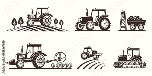 six different tractors on various farm tasks Vector
