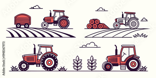 tractors and farming equipment in a field Vector