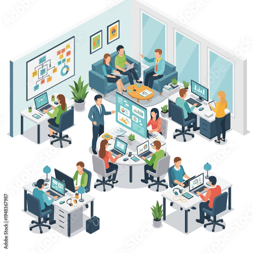 Isometric view of a modern open-plan office space with diverse teams collaborating on projects at desks and in meeting areas.