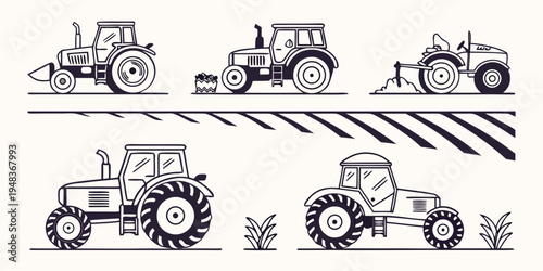 a collection of different tractors on a road Vector