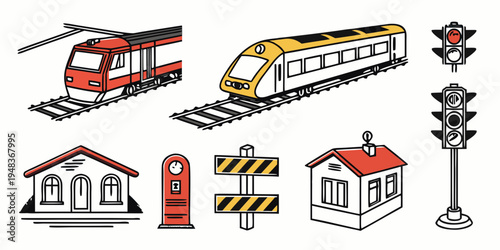 a set of train station icons including a train and a house Vector