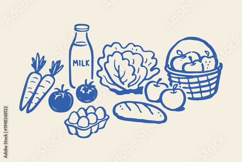 Farm market food set outline sketch vector illustration