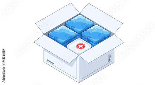 An open white cardboard box, viewed from an isometric angle, contains four blue ice packs and a white container with a red 'X' mark.
