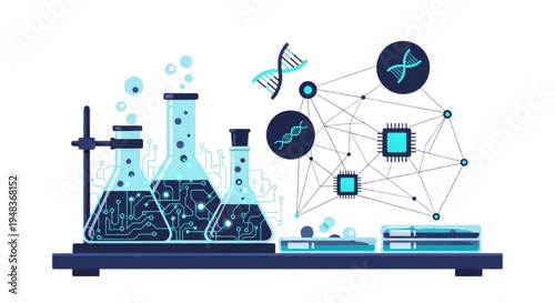 Biotechnology and Genetic Research Laboratory Illustration with DNA and Circuitry