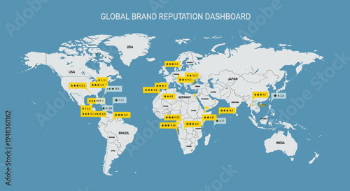 A detailed world map, titled GLOBAL BRAND REPUTATION DASHBOARD, displays numerous yellow star rating bubbles across various countries.