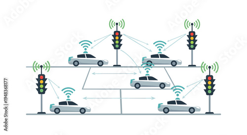 An intricate illustration depicts a smart city traffic network with autonomous white cars communicating wirelessly with smart traffic lights.