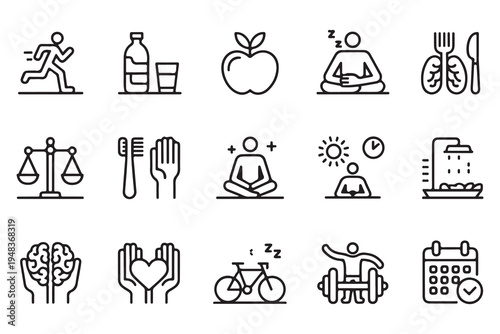Healthy Lifestyle and Wellness Icon Set with Fitness Nutrition and Mental Health Symbols