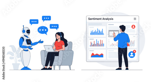 A robot interacts with a woman while a man analyzes sentiment data dashboard.