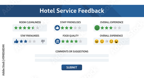 A digital hotel service feedback form displays star ratings and emojis.