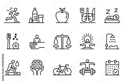 Comprehensive Wellness and Daily Routine Icon Collection for Healthy Living