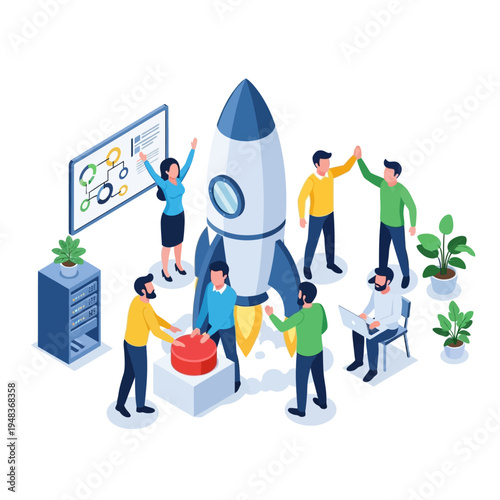 A diverse team of professionals collaborates enthusiastically around a rocket, symbolizing a successful business startup and innovative project launch.