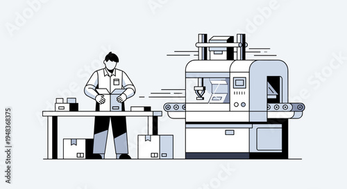 A factory worker packages items next to an automated machine on a conveyor.