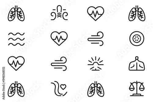 Health and Wellness Line Icon Set Featuring Lungs Heartbeat Wind and Balance Symbols