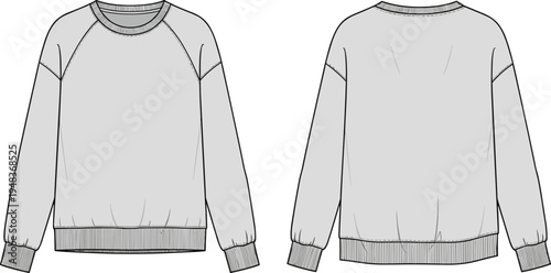Technical fashion illustration of crewneck sweatshirt with raglan sleeves, ribbed neckline, cuffs, hem, seam detailing, front and back construction views