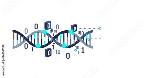 Abstract visualization of a DNA double helix intertwined with digital binary code, symbolizing genetic data and scientific innovation