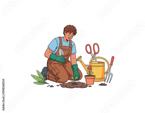 A gardener carefully planting a small seedling into the rich soil with gardening tools including a watering can, shears, and fork nearby