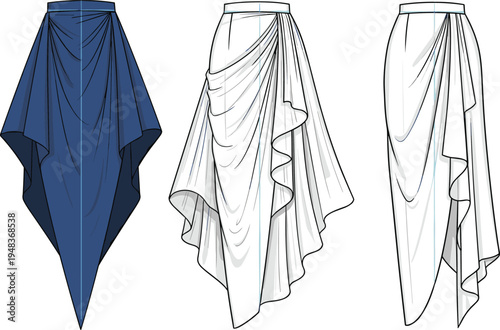 Technical fashion illustration of draped skirts with symmetrical folds, cascading ruffles, layered side drape variation, elegant silhouettes, garment construction details