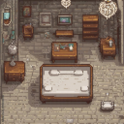 A pixel art image depicts a bedroom with a bed, nightstand, dresser, and a TV.