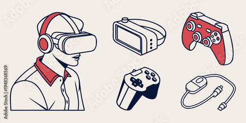 man wearing virtual reality headset with gaming controllers Vector