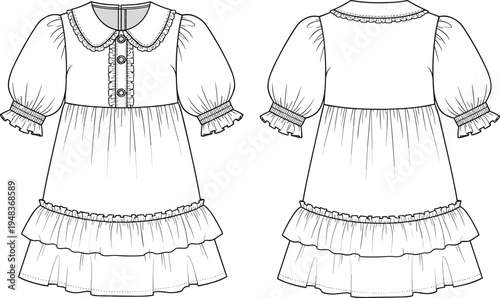 Technical fashion illustration of girl’s dress with ruffled Peter Pan collar, puff sleeves, button placket, gathered skirt, layered ruffle hemline