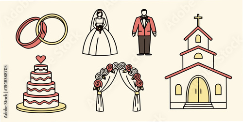wedding icons including rings cake and church Vector