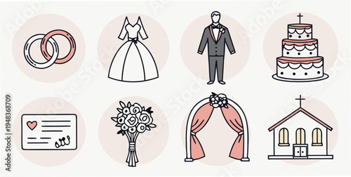 wedding planning icons including rings dress cake Vector