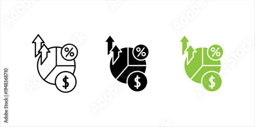 Line icon set. showing financial pie chart with percentage, dollar symbol, and growth arrows representing business analytics, financial planning, and economic performance.