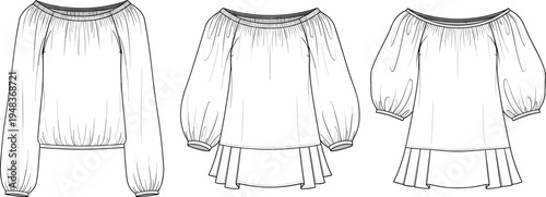 Technical fashion illustration of off-the-shoulder blouses with gathered neckline, voluminous sleeves, flared hem variations, pleated details, garment construction views