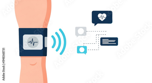 Smart wearable device on an arm wirelessly transmitting health data and messages, showcasing digital connectivity and modern interaction