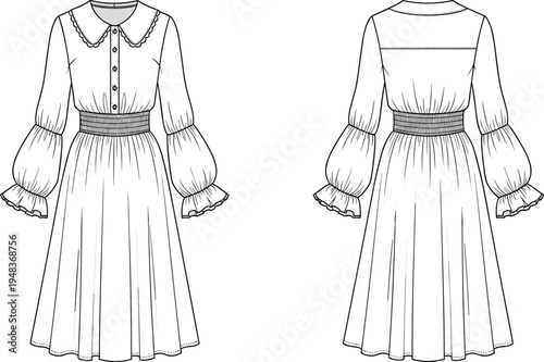 Technical fashion illustration of puff-sleeve dress with Peter Pan collar, scalloped edges, button-down front, fitted bodice, waistband, pleated skirt
