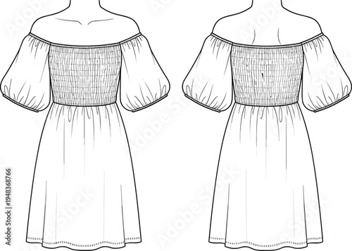 Technical fashion illustration of off-the-shoulder dress with elastic puff sleeves, shirred bodice, A-line silhouette, curved hemline, stitching details