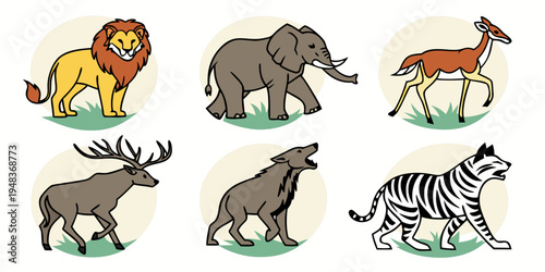 a set of cartoon animals including a lion elephant deer moose rhino and zebra Vector