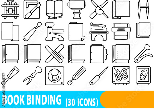 Thirty distinct, linear outline icons representing various tools and processes associated with the detailed craft of traditional book binding techniques and paper assembly.