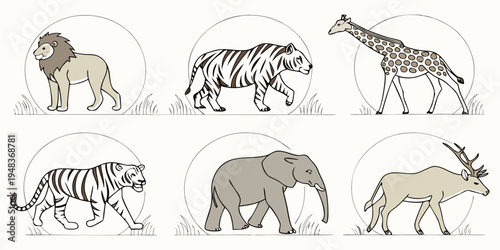 a group of wild animals walking in different directions Vector