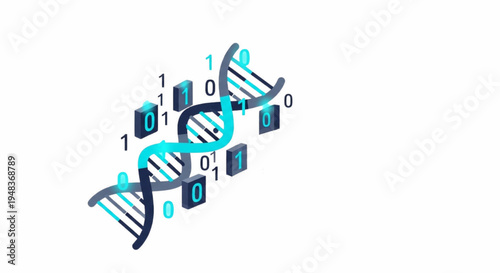 Abstract visualization of a DNA double helix structure intertwined with binary code, representing the fusion of genetics and digital information