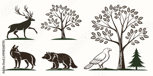 a group of forest animals and trees Vector
