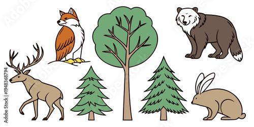 a group of forest animals and trees Vector