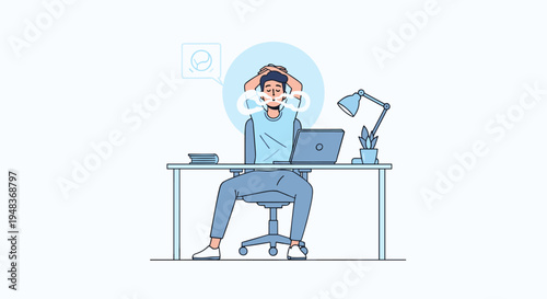 A stressed male figure sits at a desk with a laptop, holding his head.