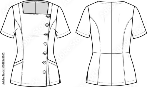 Technical fashion illustration of short-sleeve blouse with square neckline, asymmetric button placket, angled patch pockets, princess seams, tailored silhouette