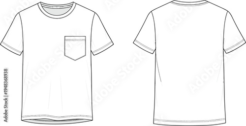 Technical fashion illustration of short-sleeve crewneck t-shirt with chest pocket, visible stitching details, plain back view, garment construction drawing