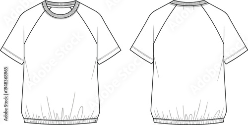 Technical fashion illustration of short-sleeve raglan t-shirt with ribbed crew neckline, gathered hem, puffed waist silhouette, front and back construction views