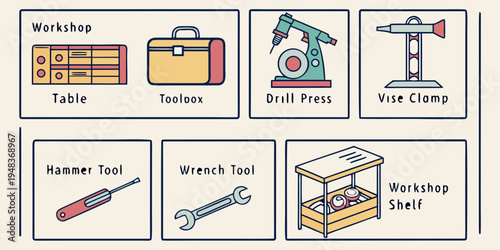 icons of various tools and equipment for workshop Vector