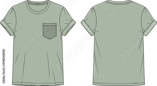 Technical fashion illustration of short-sleeved crew-neck t-shirt with chest pocket, rolled sleeves, visible stitching details, front and back views