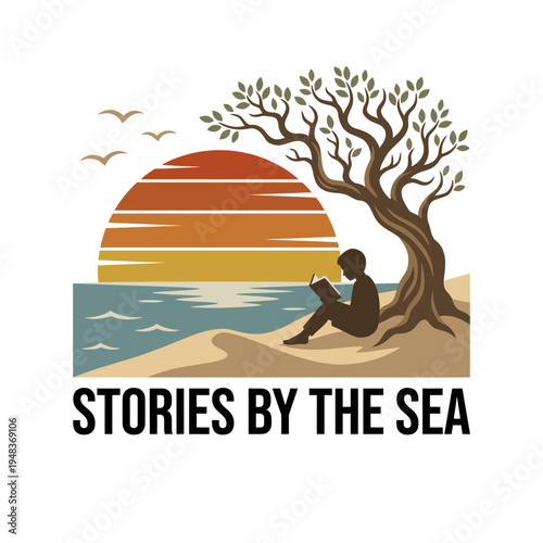 A tranquil illustration depicting a peaceful beach scene with a silhouetted figure reading under a tree, evoking relaxation and the joy of storytelling by the sea.