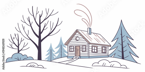 a house in the snow with trees and smoke coming out of the chimney Vector